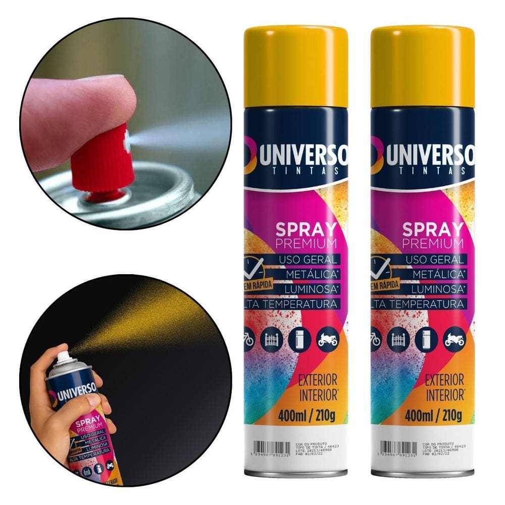 Kit 02 Latas Tinta Spray Amarelo 400Ml Uso Geral Aço Couro