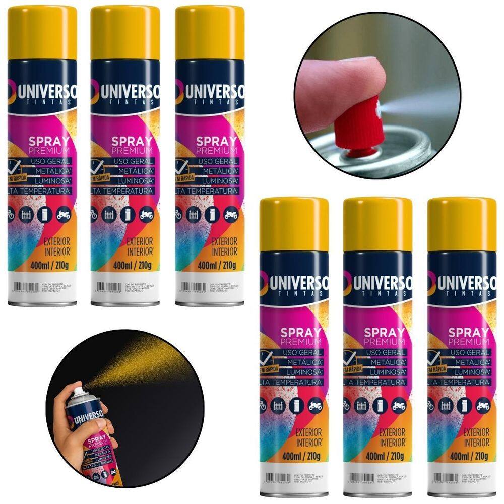Kit 06 Latas Tinta Spray Amarelo 400Ml Uso Geral Aço Couro