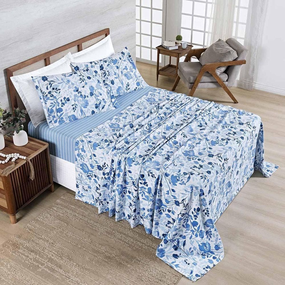 Jogo Lençol Belle King 400 Fios Estampado 4Pçs Florido Azul