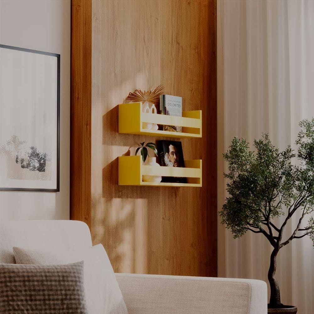 Kit 2 Prateleiras Porta Livros Amarela 70 x 12cm Suporte Invisivel