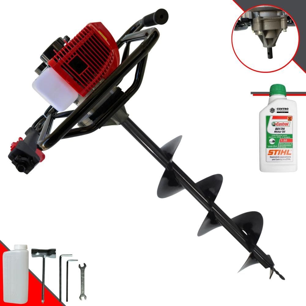 Trado Motorizado À Gasolina Anmax GS520B 52cc 2,2HP 7.000rpm Perfurador de Solo Profissional + Broca 80x20cm + ÓLEO STIHL 2T