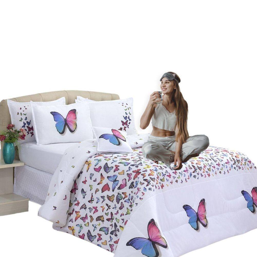 Kit Edredom Casal Queen Borboletas Dupla Face 4 Peças