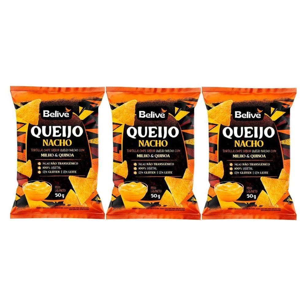 Kit 3 Tortilla Natural 100% Vegetal Queijo Nacho 50G Belive