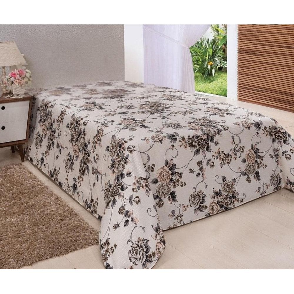 Cobre Leito Colcha Avulso Piquet Estampa Floral Bege