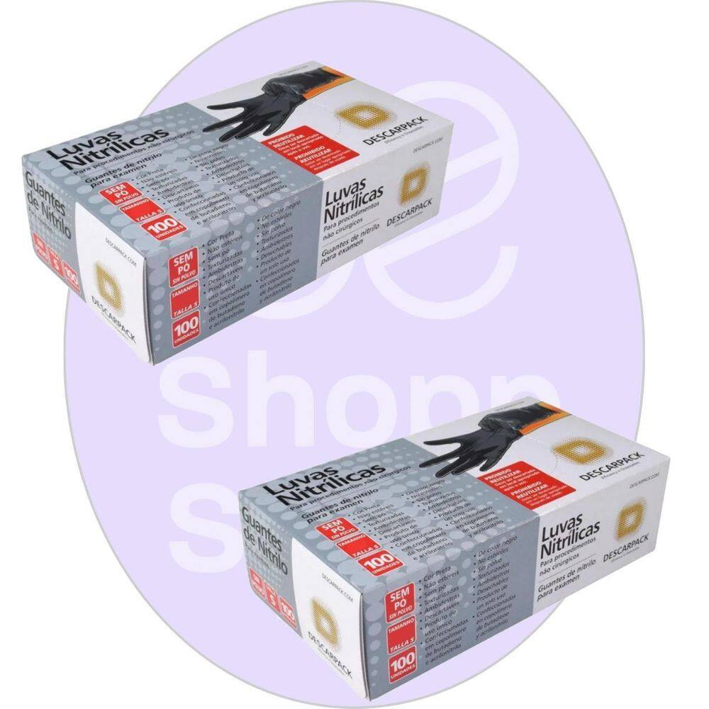 Kit 02 Luva Descartável Nitrílica Sem Pó Preta G Descarpack