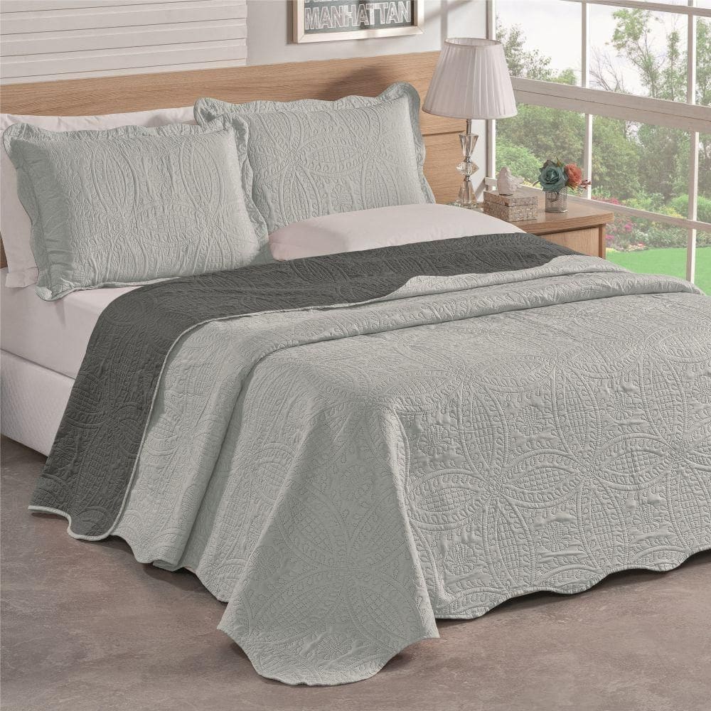 Colcha King Bella Dupla Face 03 Peças - Cinza
