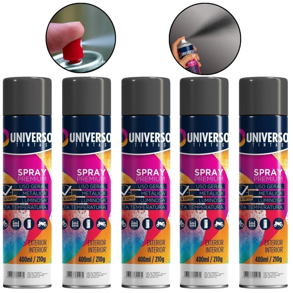 Kit 05 Latas Tinta Spray Preto Brilhante 400Ml Uso Geral