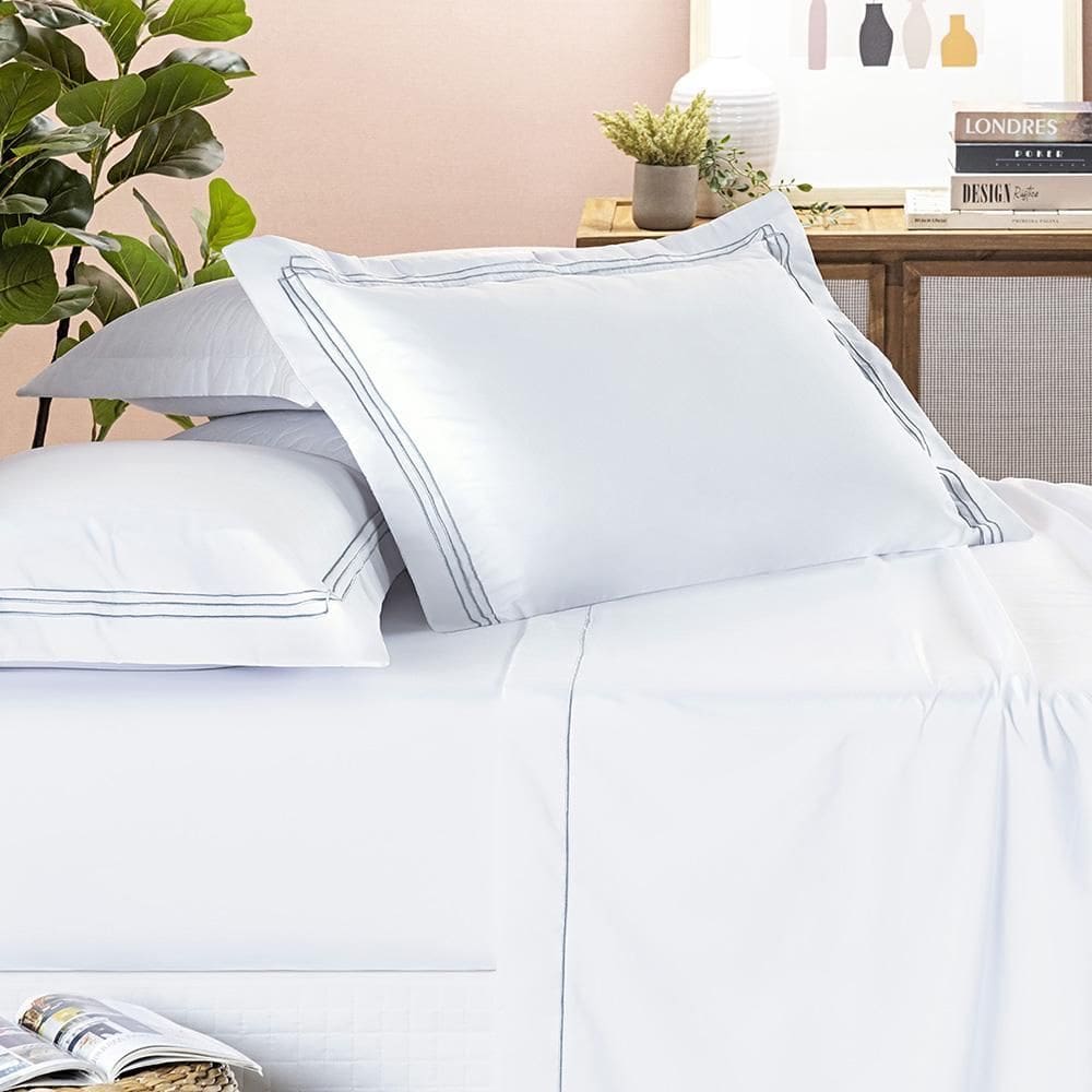 Jogo Cama Lençol Trivio Queen 400 Fios Bordado 4Peças Branco