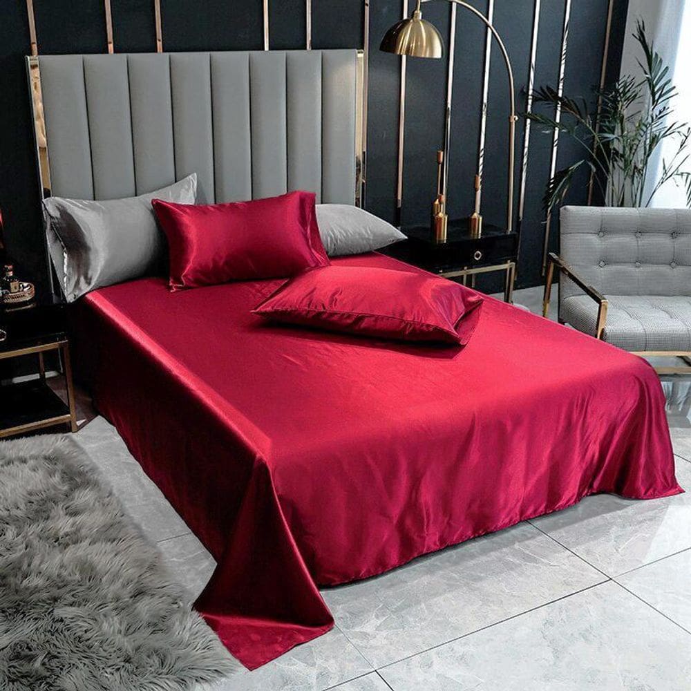 Lençol Superior Casal Queen 2 Fronhas Cetim Seda Vermelho