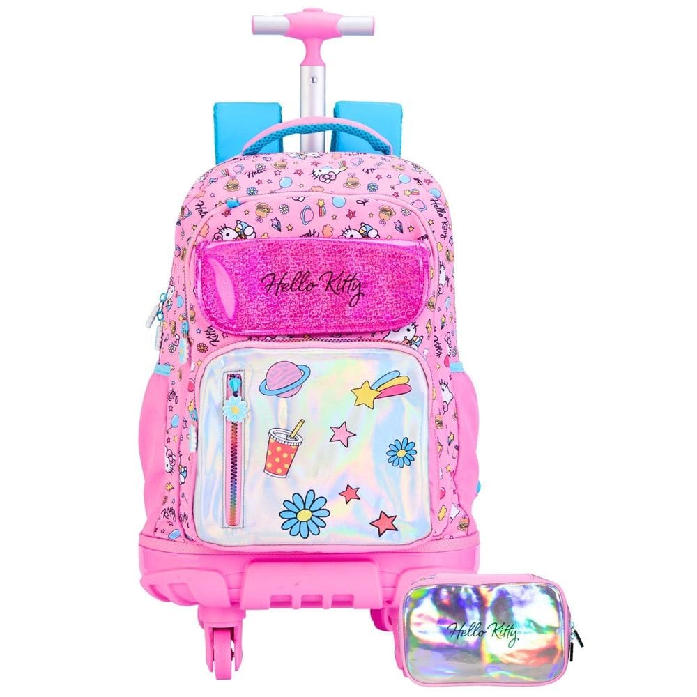 Kit Hello Kitty Metallic Mochila 4 Roda + Estojo Box Luxo