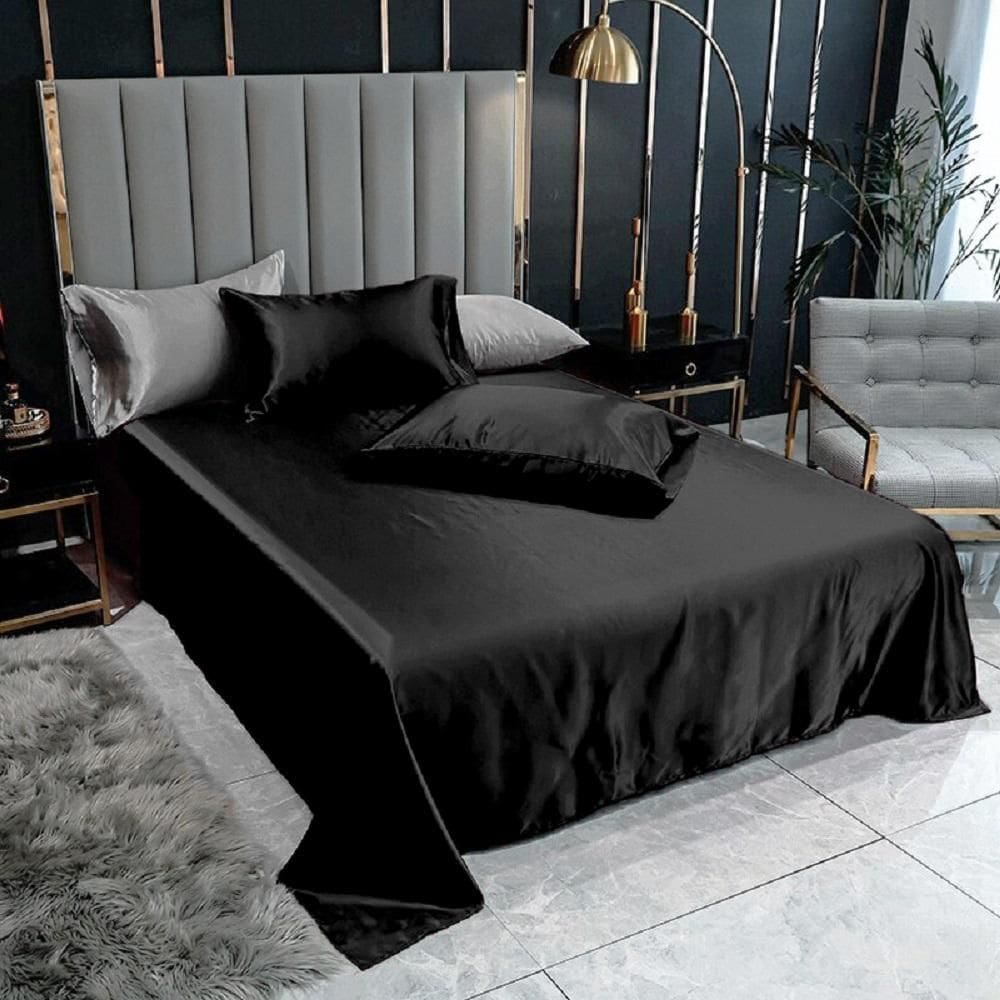 Lençol Superior Casal Queen Com 2 Fronhas Cetim Seda Preto