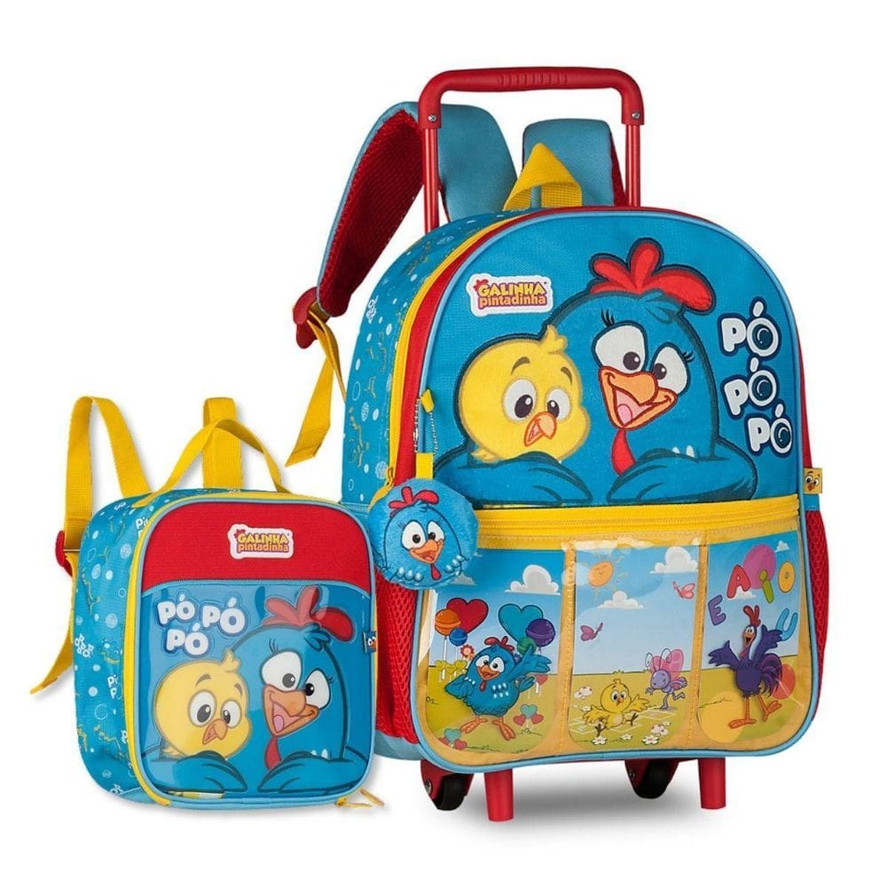 Kit Mochila Carrinho Com Lancheira Escola Galinha Pintadinha
