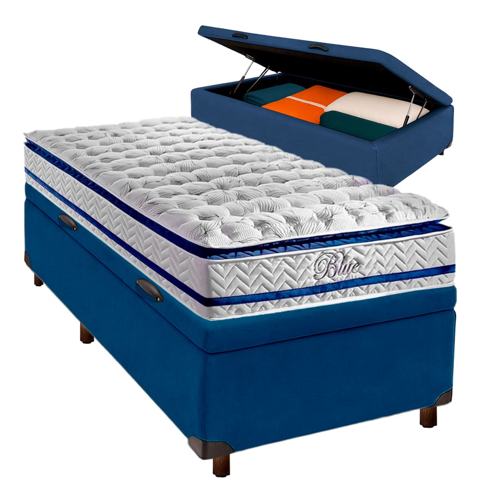 Cama Box Bau + Colchão Solteiro Molas Ensacadas Blue Paropas
