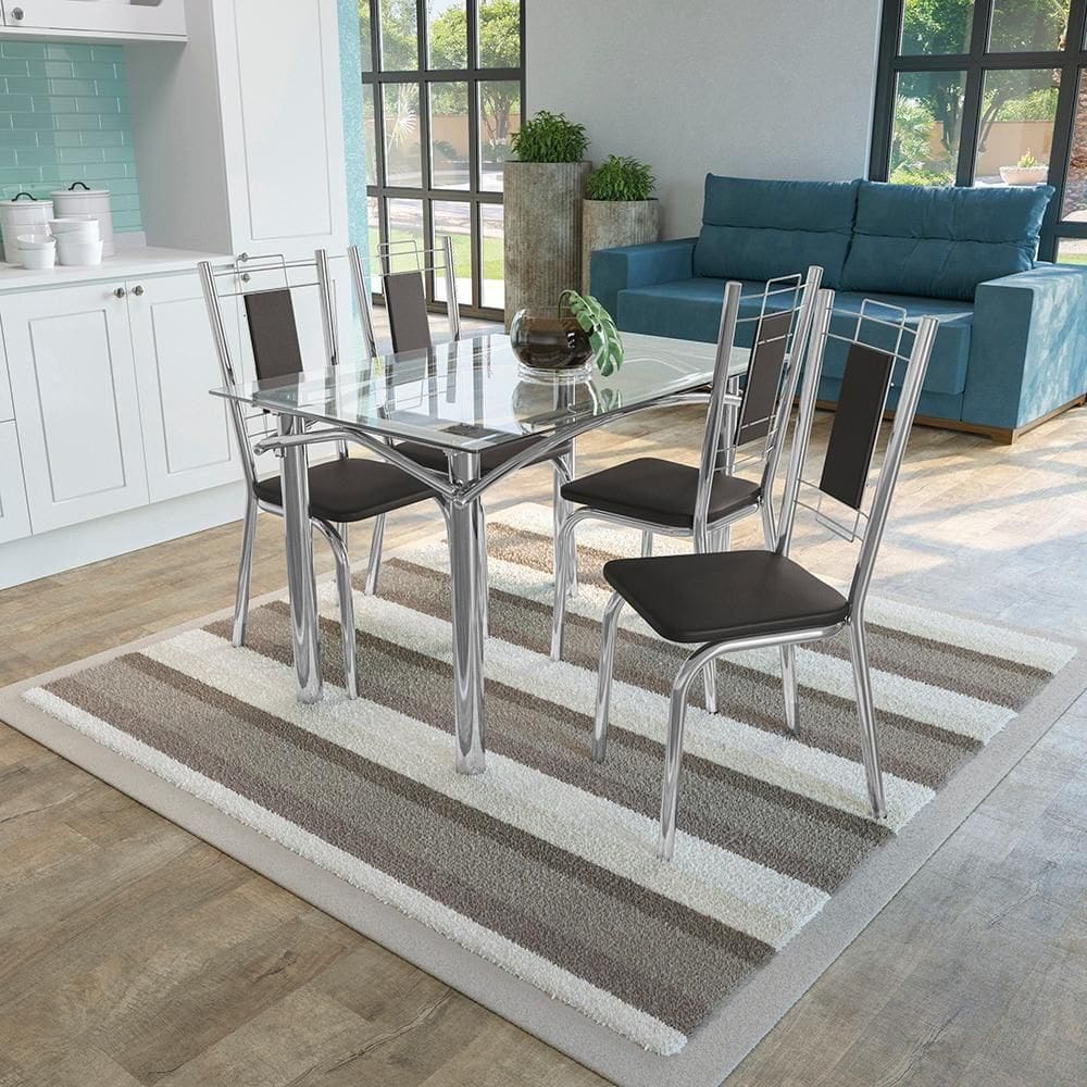 Conjunto Mesa Elba Tampo De Vidro Incolor Com 4 Cadeiras Cromada/preto