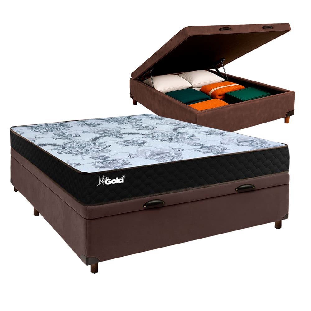 Cama Box Bau + Colchão Casal Molas Ensacadas Life Gold Paropas