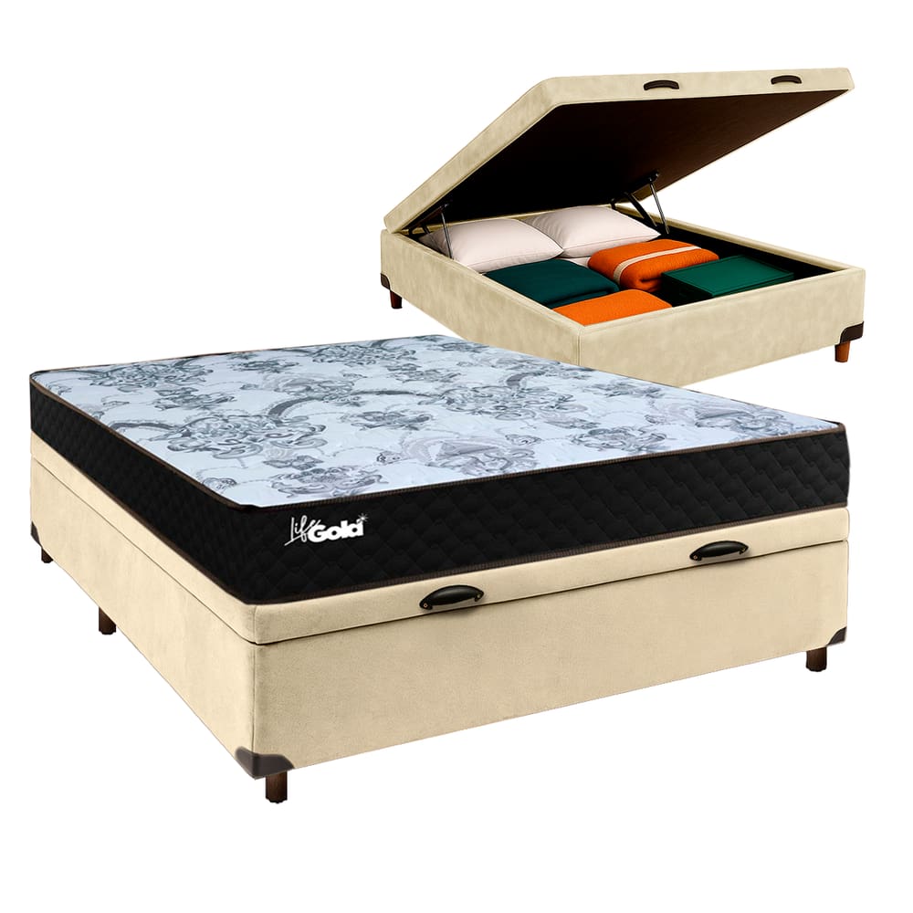 Cama Box Bau + Colchão Casal Molas Ensacadas Life Gold Paropas