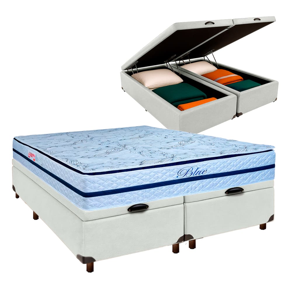Conjunto Cama Box Bau Blindado Queen + Colchão Molas Ensacadas Blue Paropas