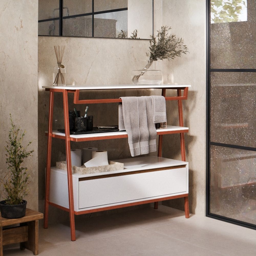 Armário Multiuso Gabinete Banheiro Industrial 1 Gaveta Thor Branco Cedro com Bronze - Rede Móveis