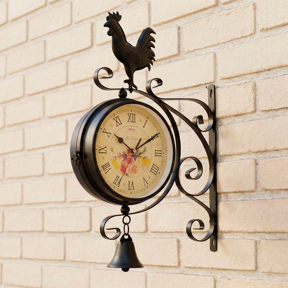 Relógio Estação Dupla Face Decoração Galo Preto Romano Retrô