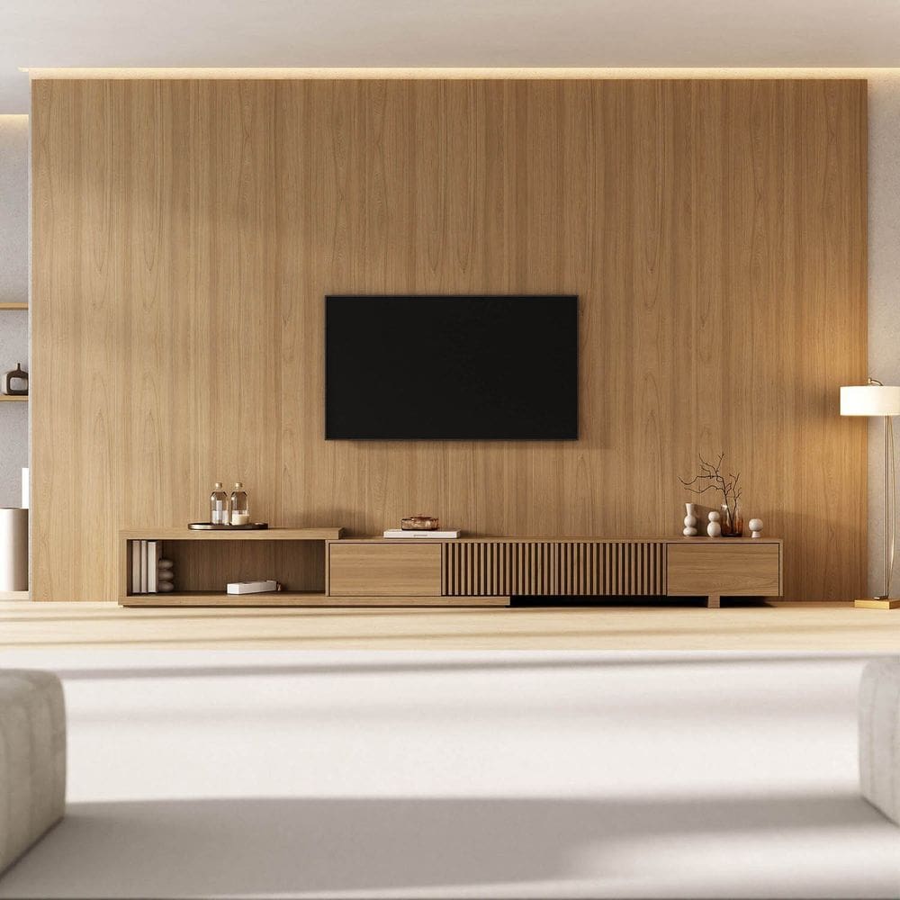 Rack Extensível com Painel para Tv até 86 Polegadas Ripado 400x230cm Aruá Cabecasa Madeiraoriginals Jatoba