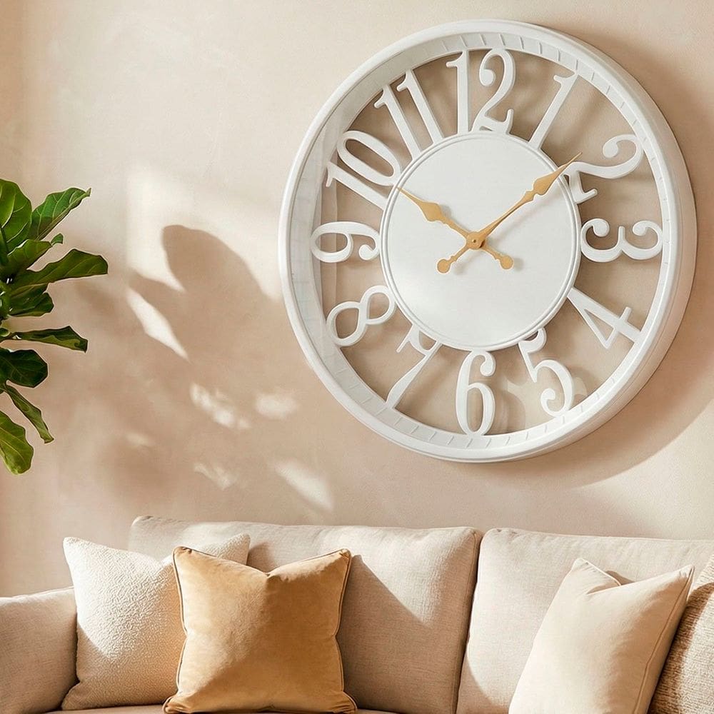 Relógio Parede Redondo Vazado Decorativo Branco Rustico 30cm