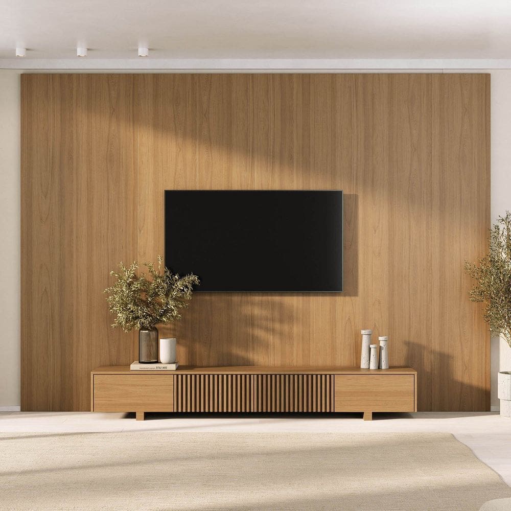 Rack com Painel para Tv até 86 Polegadas Ripado 320x230cm Aruá Cabecasa Madeiraoriginals Jatoba