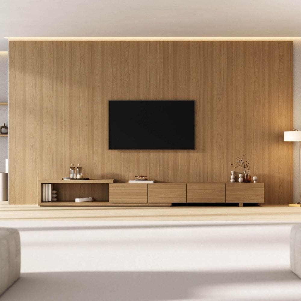 Rack Extensível com Painel para Tv até 86 Polegadas Liso 400x230cm Aruá Cabecasa Madeiraoriginals Jatoba