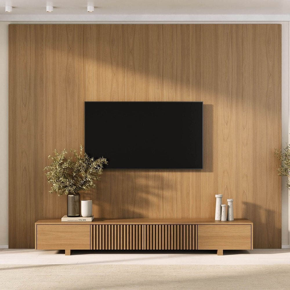 Rack com Painel para Tv até 86 Polegadas Ripado 280x230cm Aruá Cabecasa Madeiraoriginals Jatoba