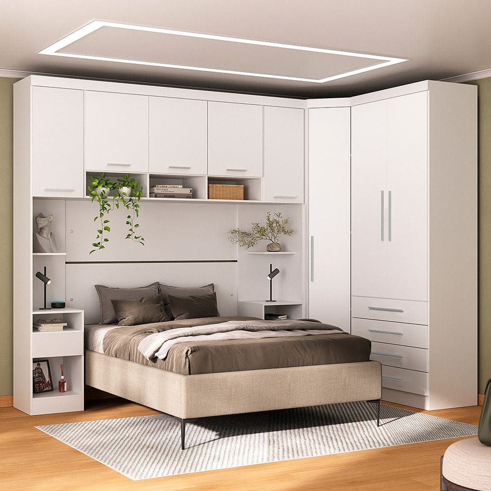 Quarto Modulado Casal de Canto com Guarda-roupas Maleiro e Cabeceira Alpes Master Luciane Moveis