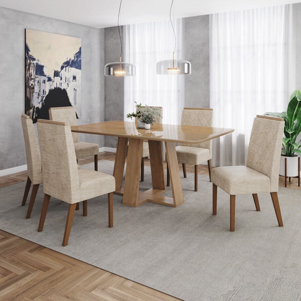 Conjunto Mesa Lins 160cm com Vidro 06 Cadeiras Nina Marrom/Bege