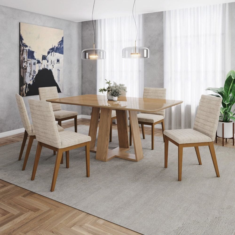 Conjunto Mesa Lins 160cm com Vidro 06 Cadeiras Elena Marrom/ Creme