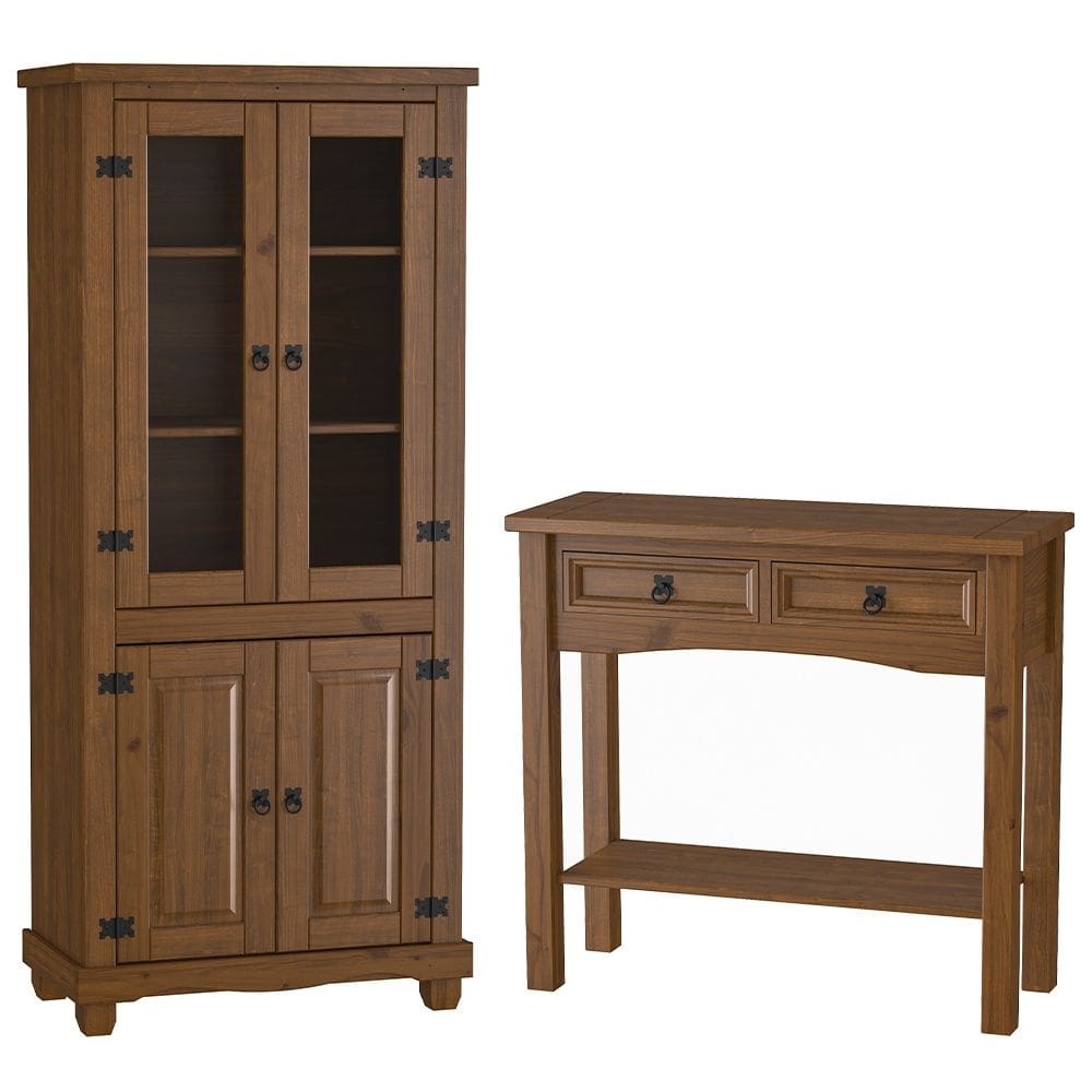 Kit Aparador Rústico 2 Gavetas Com Cristaleira de Madeira Majestic M06 Imbuia Fosco - Lyam Decor