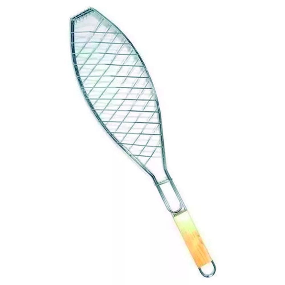 Kit 4 Grelhas Dupla Para Assar Peixe 60Cm Metal Cabo Madeira