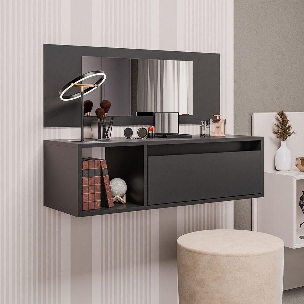 Penteadeira Camarim Eva Suspensa Com Espelho 1 Gaveta - Ssx Multicoisas Grafite