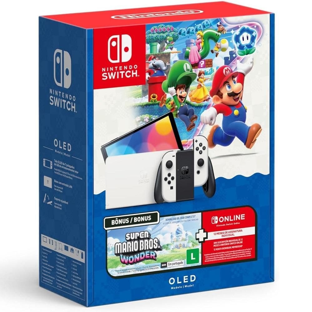 Console Nintendo Switch OLED com Joy-Con Branco + Mario Wonder + 3 Meses de Assinatura