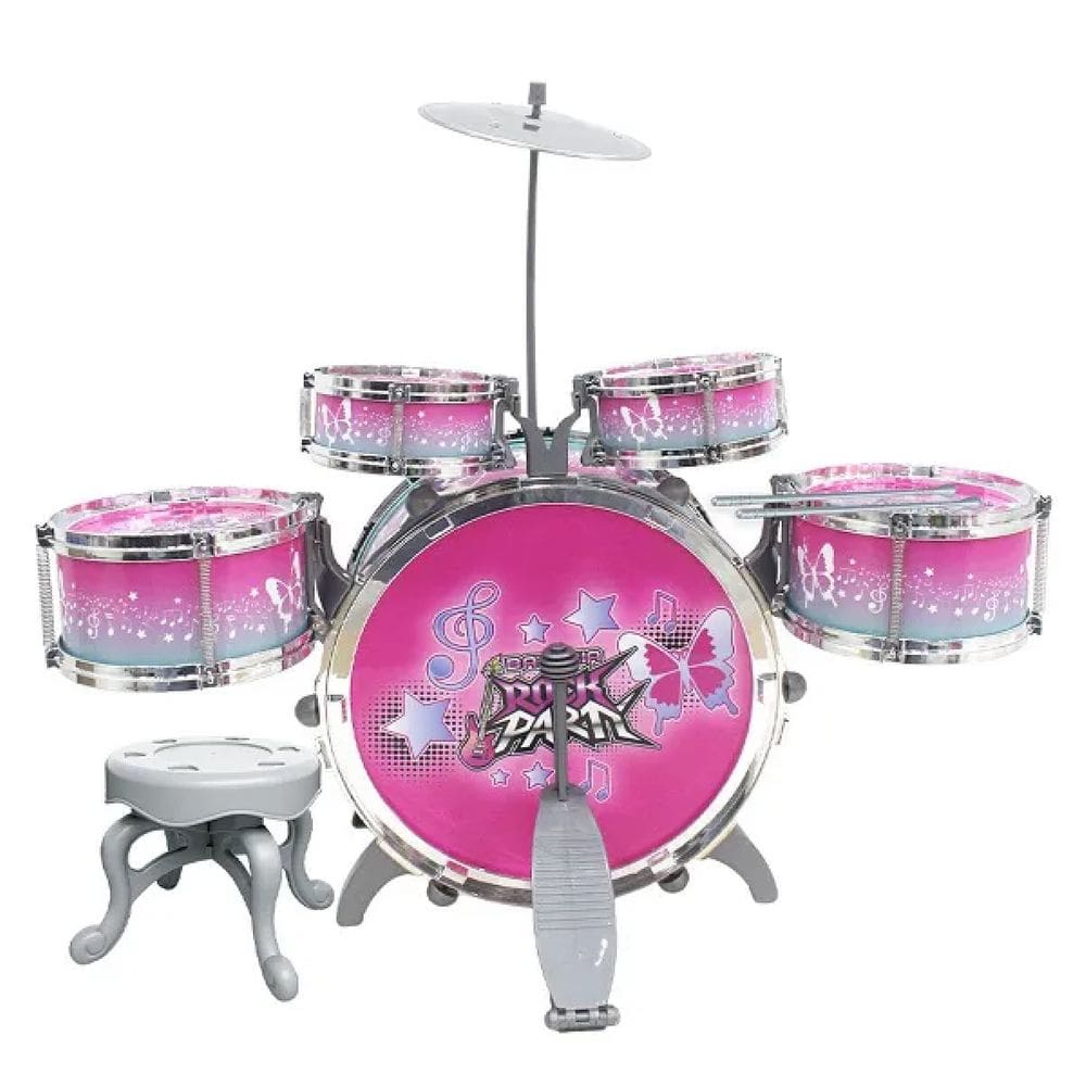 Bateria Rock Party Instrumento Infantil Rosa C/ Banco Pedal