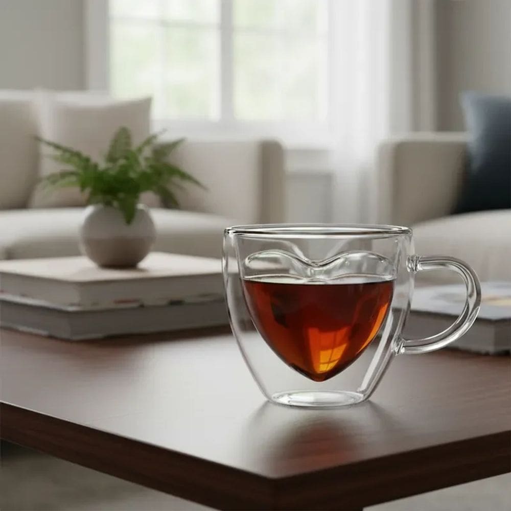 Jogo 2 Xícaras de Coração de Vidro com Parede Dupla - Transparente