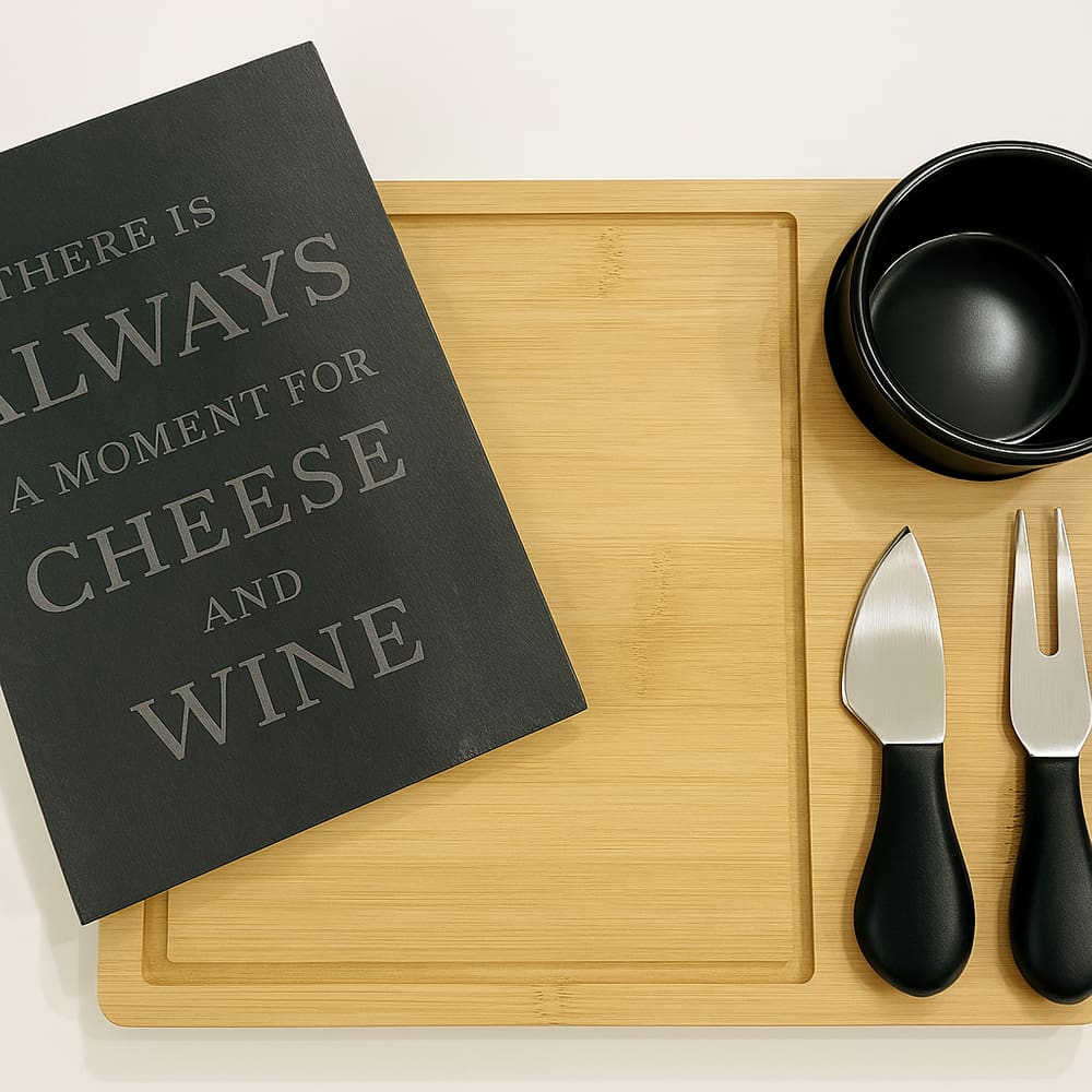 Kit Tábua Ardósia e Bambu com Espátulas para Queijos e Frios