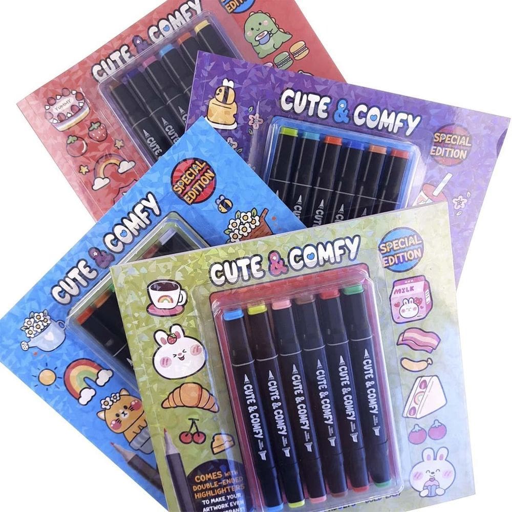 Kit 6 Canetas Ponta Fina/Grossa + Livro Colorir Cute & Comfy