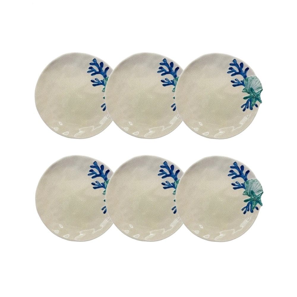 Cj 6 Pratos P/Sobremesa de Melamina Bege C/Desenho Marinho Concha do Mar Azul 23cm Entrecasa