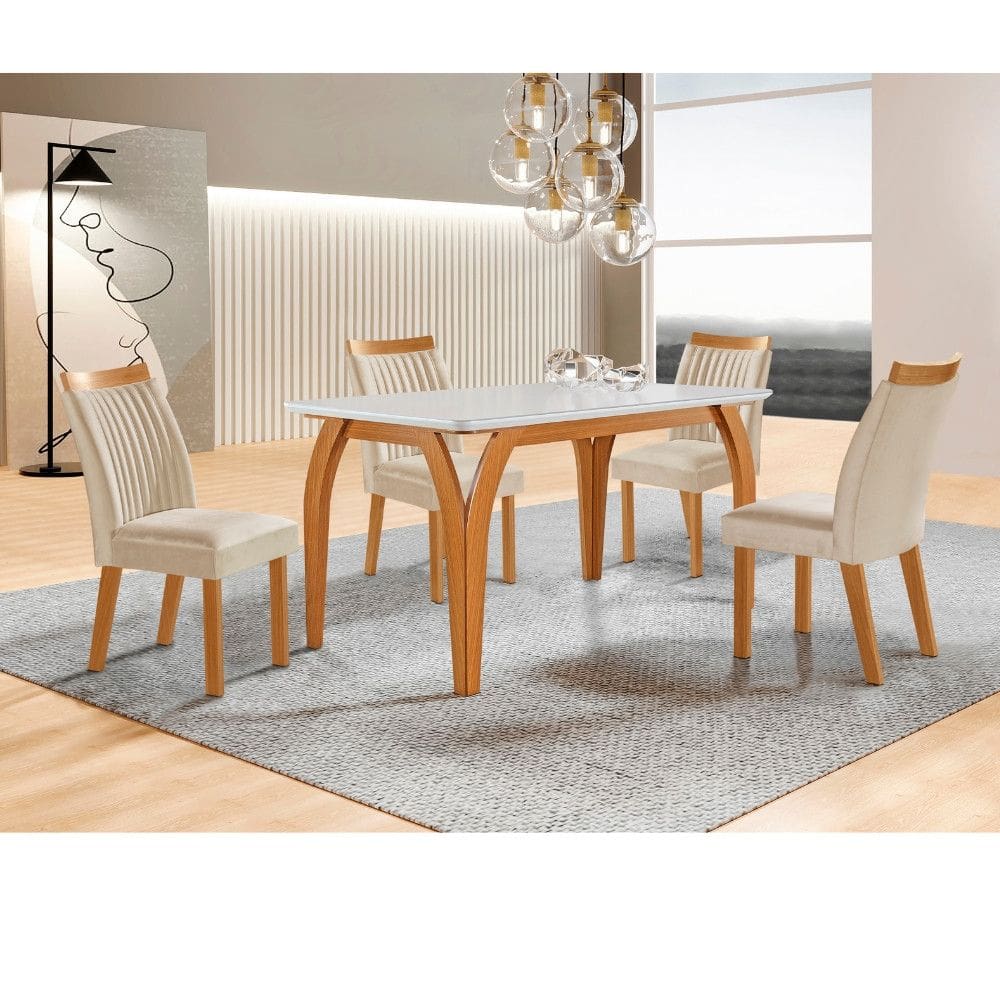 Conjunto Sala de Jantar Mesa Agata com Tampo de Vidro 135cm e 4 Cadeiras em MDF Dara LJ Moveis