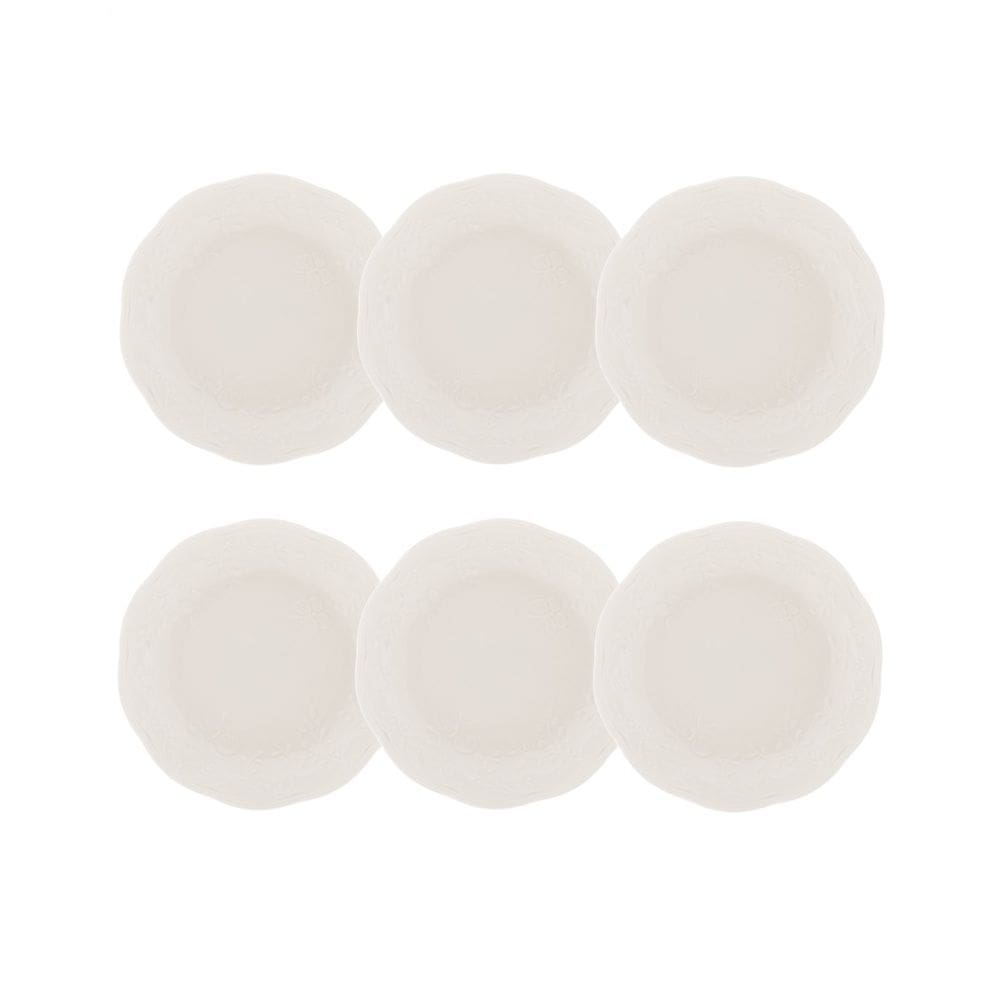 Cj 6 Pratos Fundos de Porcelana New Bone Butterfly Flower Branco 21cm Lyor