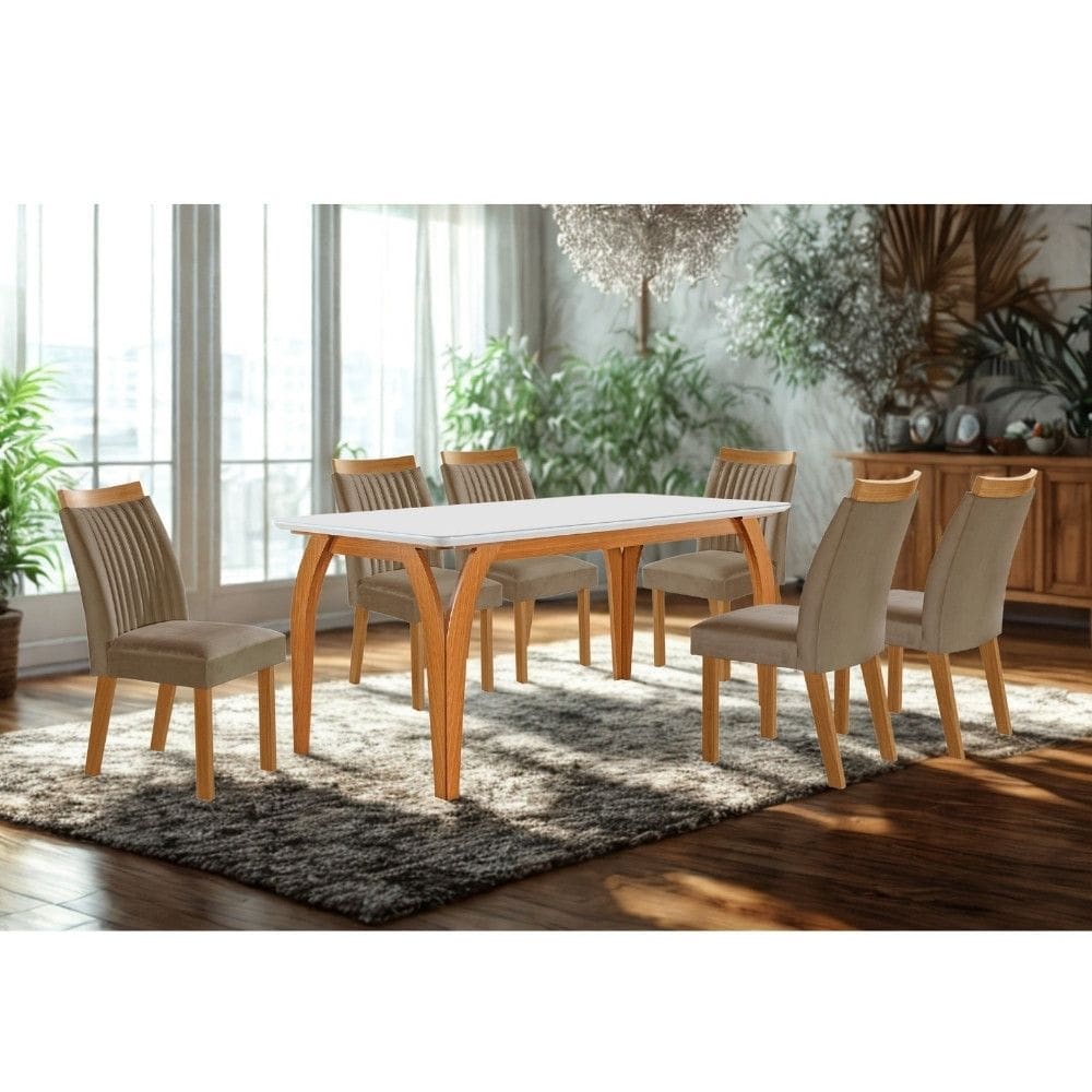 Conjunto Sala de Jantar Mesa Agata com Tampo de Vidro 180cm e 6 Cadeiras em MDF Dara LJ Moveis