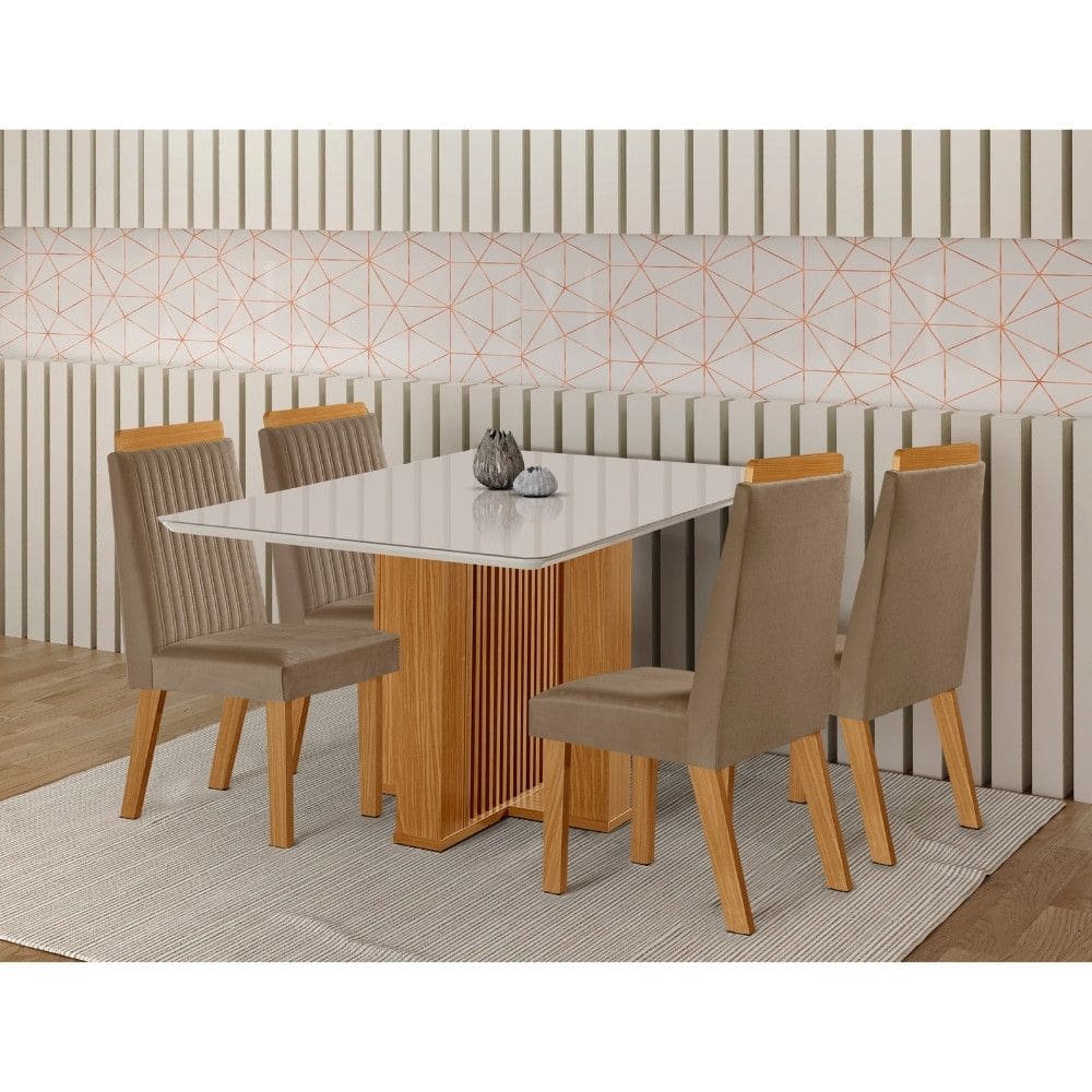 Conjunto Sala de Jantar Mesa Lisboa com Tampo de Vidro 120cm e 4 Cadeiras em MDF Riviera LJ Moveis