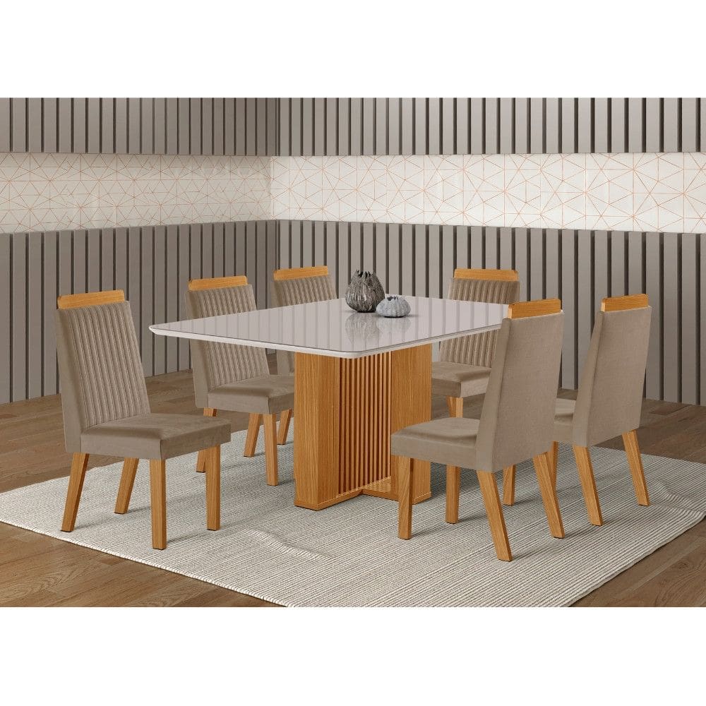 Conjunto Sala de Jantar Mesa Lisboa com Tampo de Vidro 180cm e 6 Cadeiras em MDF Riviera LJ Moveis