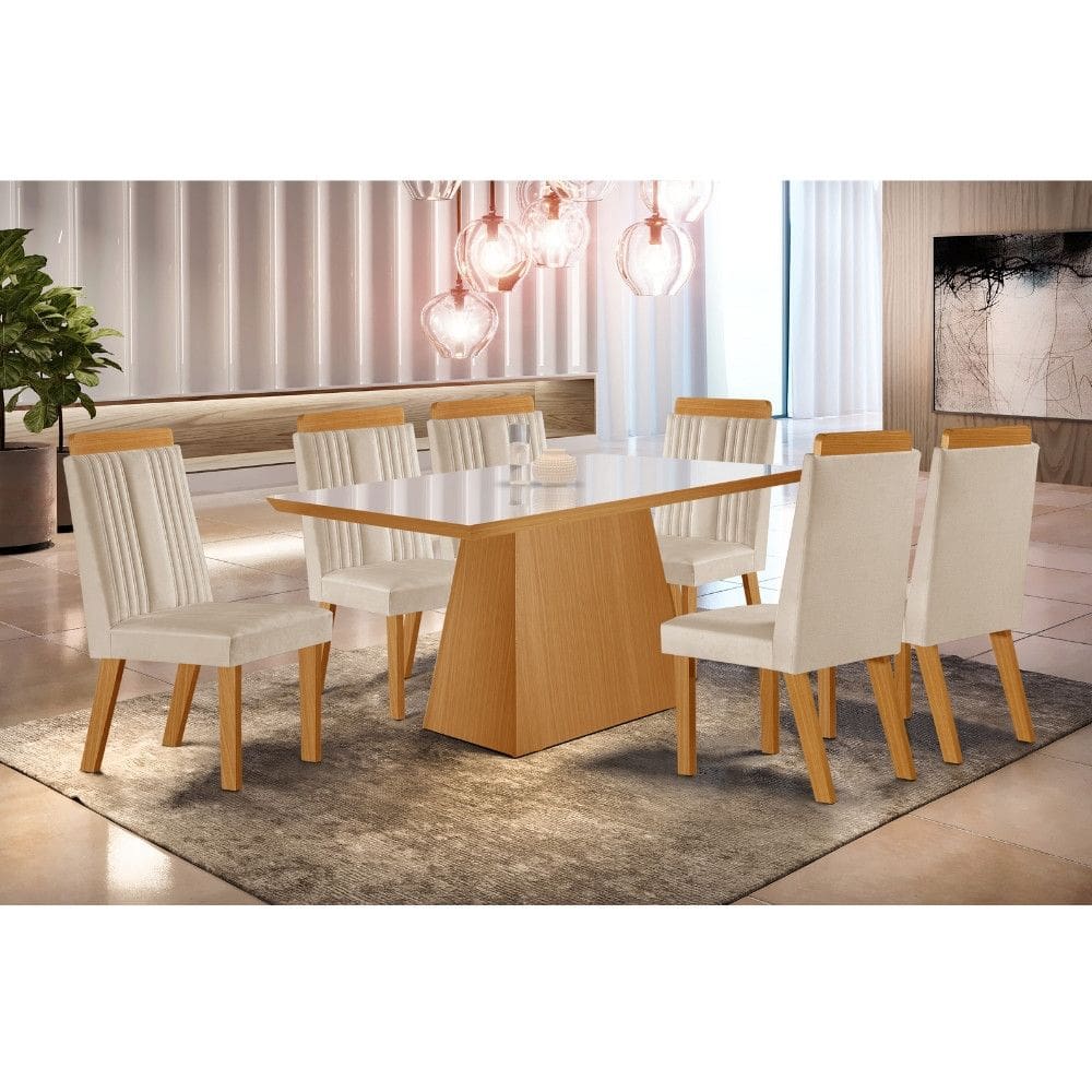Conjunto Sala de Jantar Mesa Prada com Tampo de Vidro 180cm e 6 Cadeiras em MDF Florenca LJ Moveis