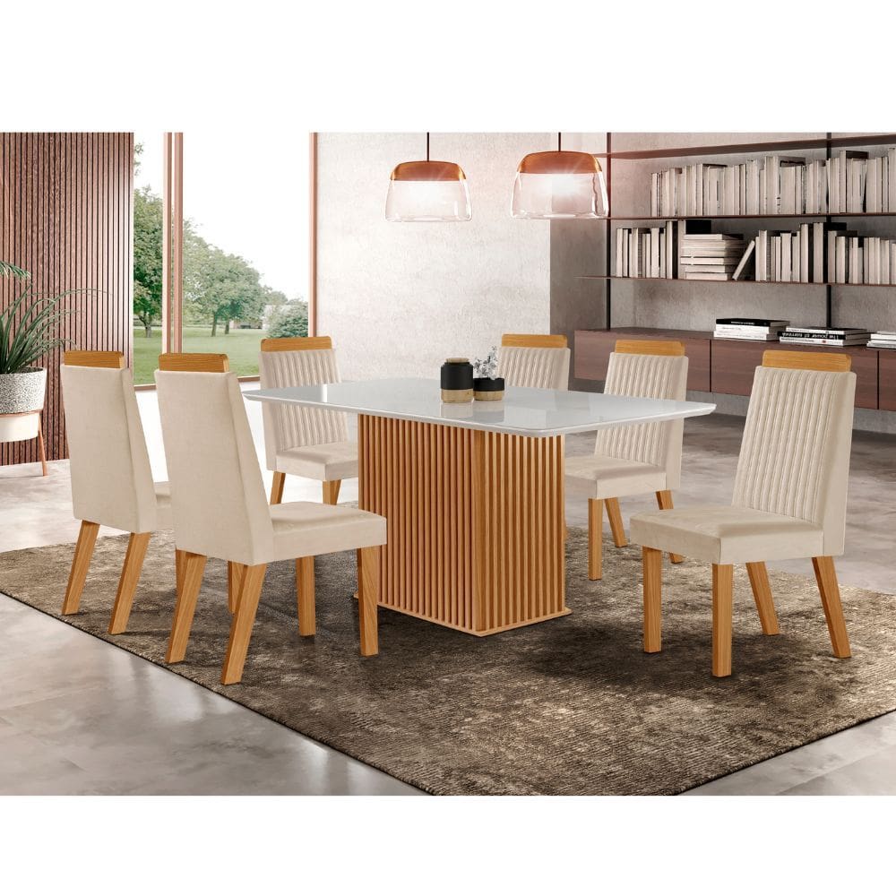 Conjunto Sala de Jantar Mesa Riviera com Tampo de Vidro 180cm e 6 Cadeiras Riviera LJ Moveis