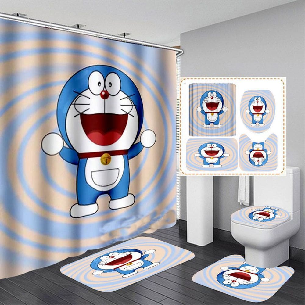 Conjunto de cortinas de chuveiro Doraemons 4 peças com tapete antiderrapante, tapete de banho