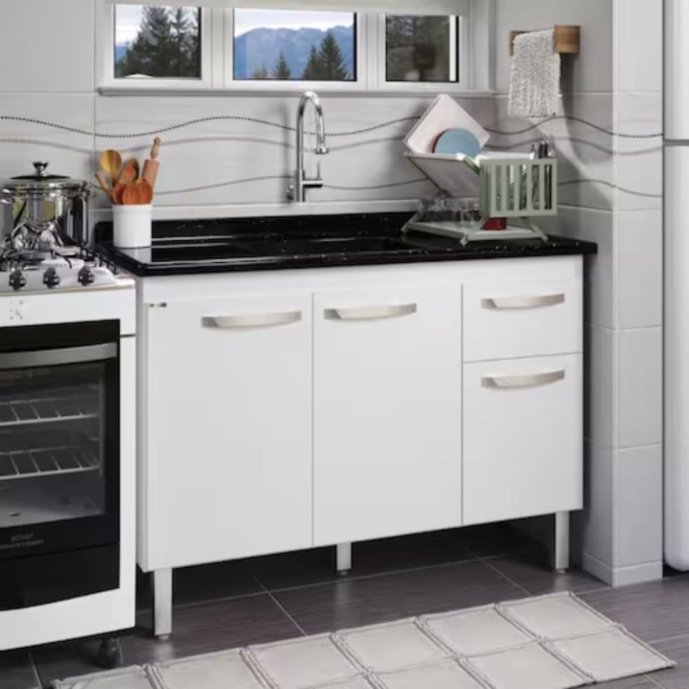 Conjunto Balcao de Cozinha com Pia Marmore Sintetico 2 Portas 2 Gavetas Rorato