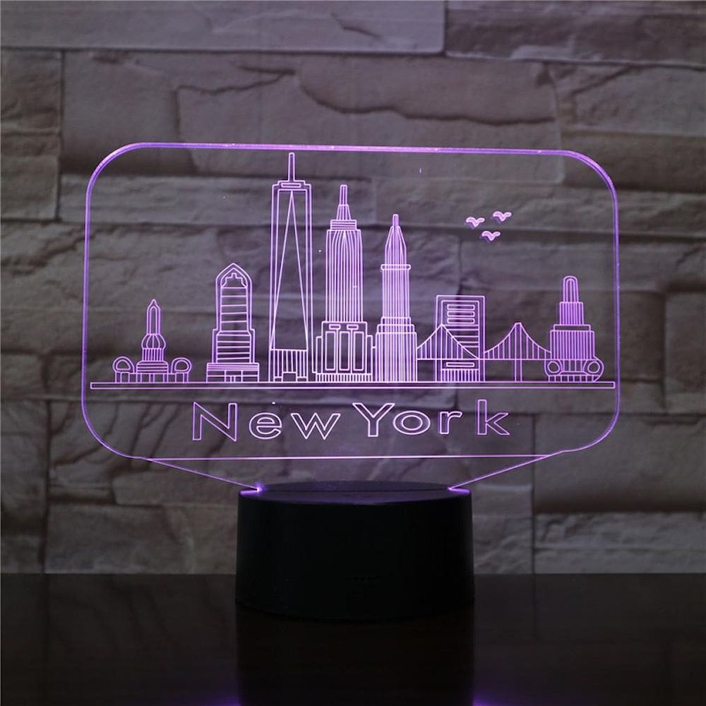 Lâmpada de ilusão LED 3D com luz noturna em Nova York com cores